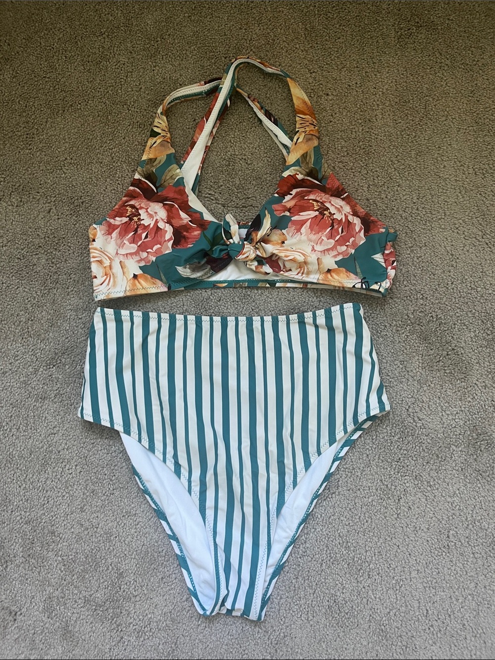 CUPSHE Green Floral Tie-Front Top with Green & White Striped High-Waist Bottom